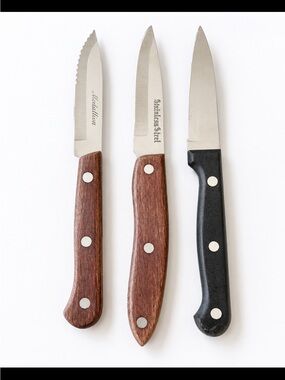 3-Piece Steak Knife Set with Brown Wood & Black Handle